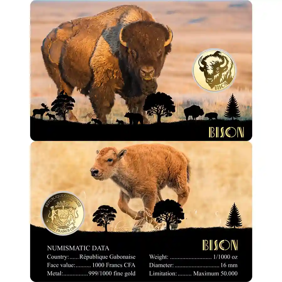 bison-card Republic of Gabon 1/1000 Ounce American Big Five Bison Gold Coincard
