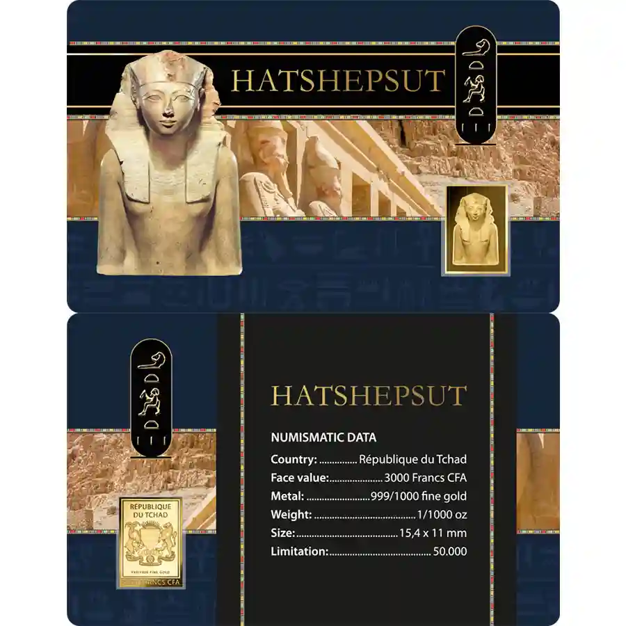hatshepsut-card Republic of Chad 1/1000 Ounce Pharaohs Hatshepsut Gold Coincard