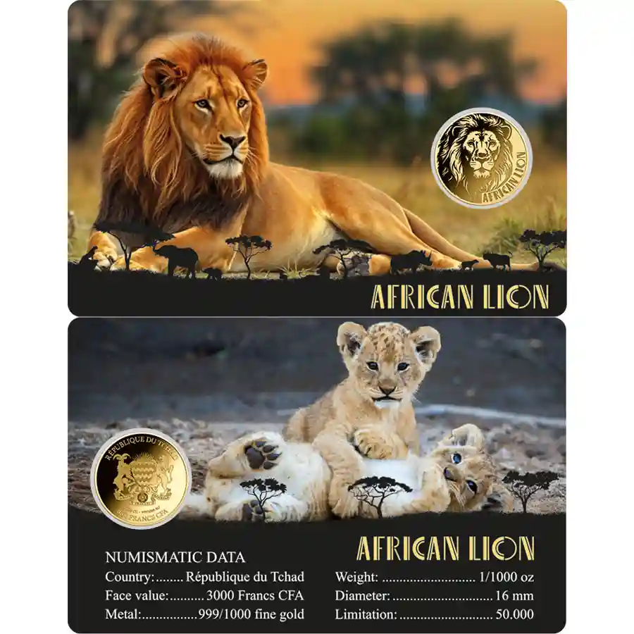 lion-card Republic of Chad 1/1000 Ounce African Big Five Lion Gold Coincard