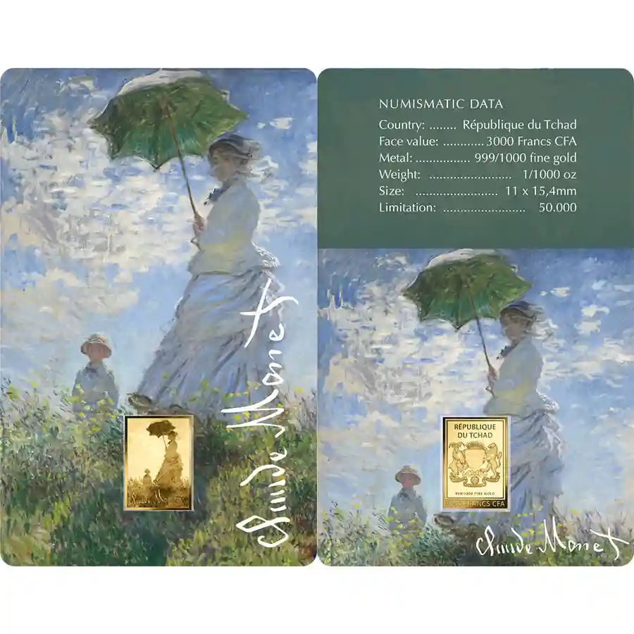 monet-parasol-card Republic of Chad 1/1000 Ounce Monet's Woman with a Parasol Gold Coincard