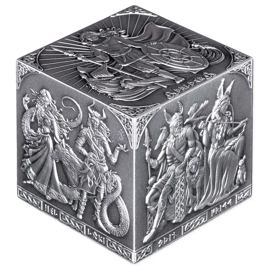 norse-iso-full 2026 Burundi 1 Kilogram Norse Gods 3D Minted Cube Antiqued Silver Coin