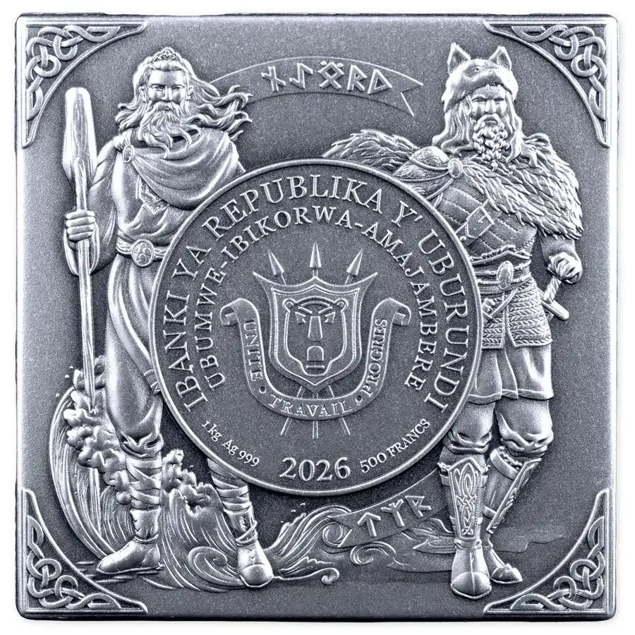 norse-obv 2026 Burundi 1 Kilo Norse Gods 3D Minted Cube Antiqued Silver Coin
