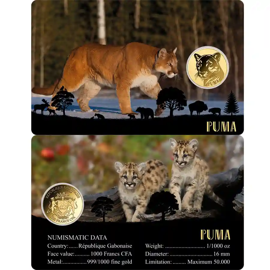 puma-card Republic of Gabon 1/1000 Ounce American Big Five Puma Gold Coincard