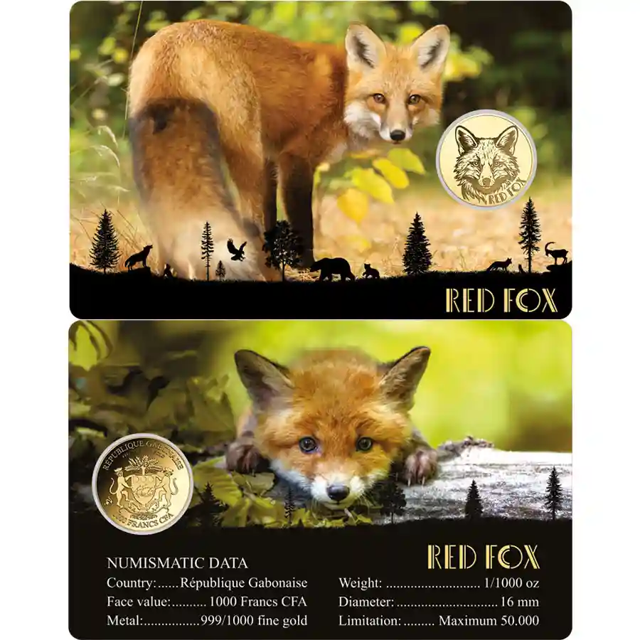 red-fox-card Republic of Gabon 1/1000 Ounce Europe Big Five Red Fox Gold Coincard