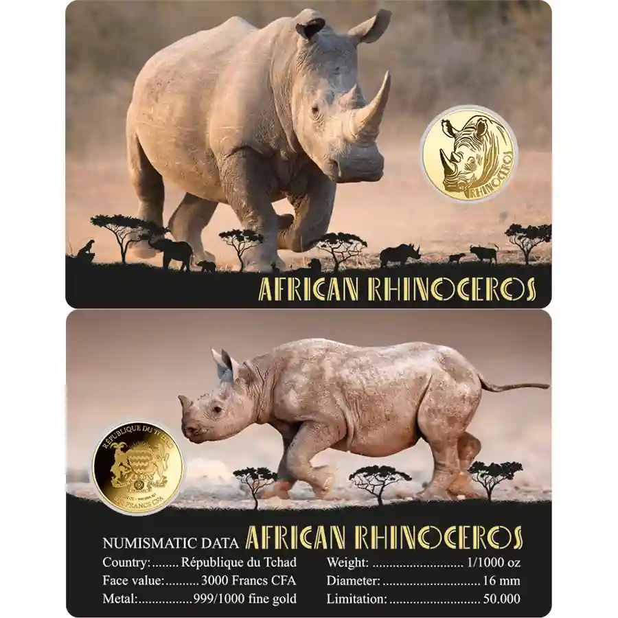 rhino-card Republic of Chad 1/1000 Ounce African Big Five Rhinoceros Gold Coincard
