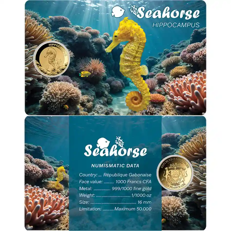 seahorse-card Republic of Gabon 1/1000 Ounce Sea Creatures Seahorse Gold Coincard