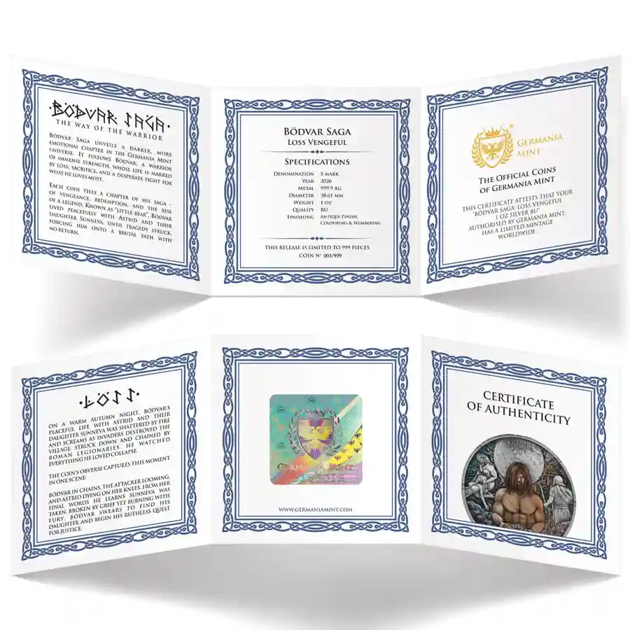 vengeful-cert 2026 Germania 1 Ounce Bodvar Saga Loss Vengeful Color BU Silver Coin
