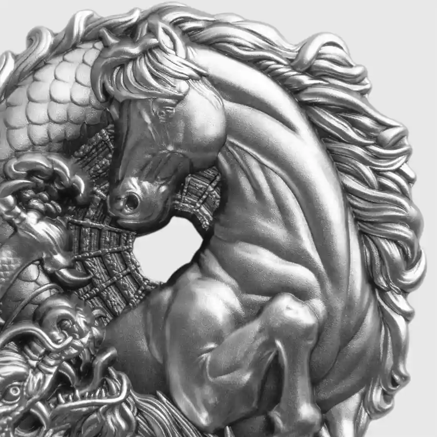 dragon detail 2026 Figure 8 Dragon & Horse High Relief Antiqued Silver Coin