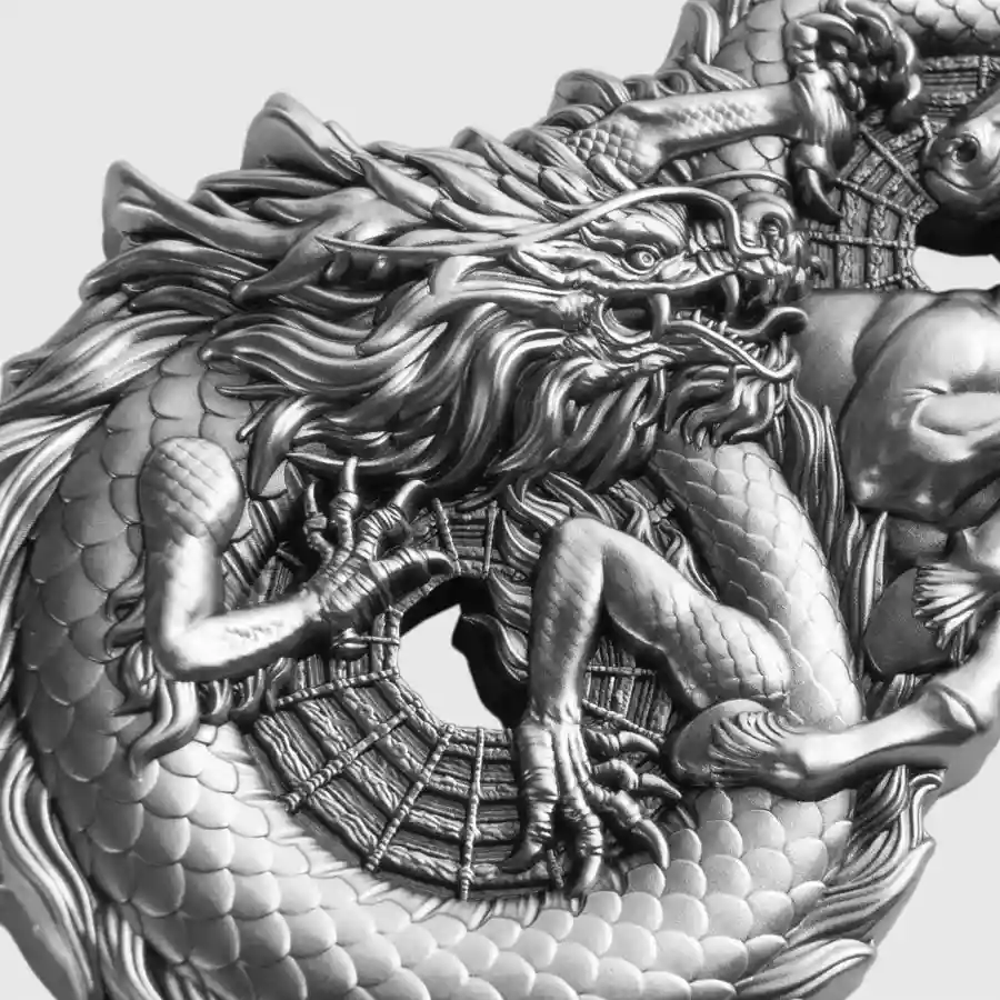 dragon detail2 Figure 8 Dragon & Horse High Relief Antiqued Silver Coin
