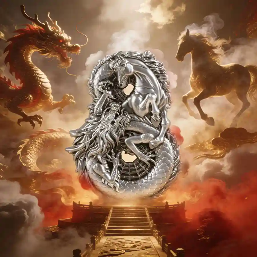 dragon mood 2026 Figure 8 Dragon & Horse Ultra High Relief Antiqued Silver Coin