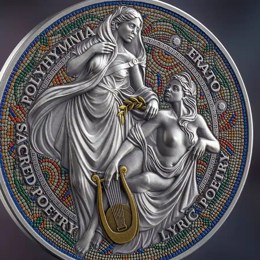 erato-detail 2026 Cameroon Nine Muses Erato & Polyhymnia Color High Relief Silver Coin
