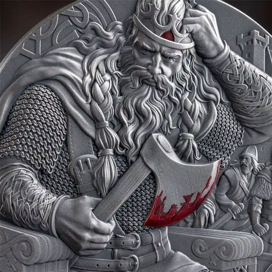 eric-detail 2026 Cameroon Eric Bloodaxe High Relief Antiqued Silver Coin