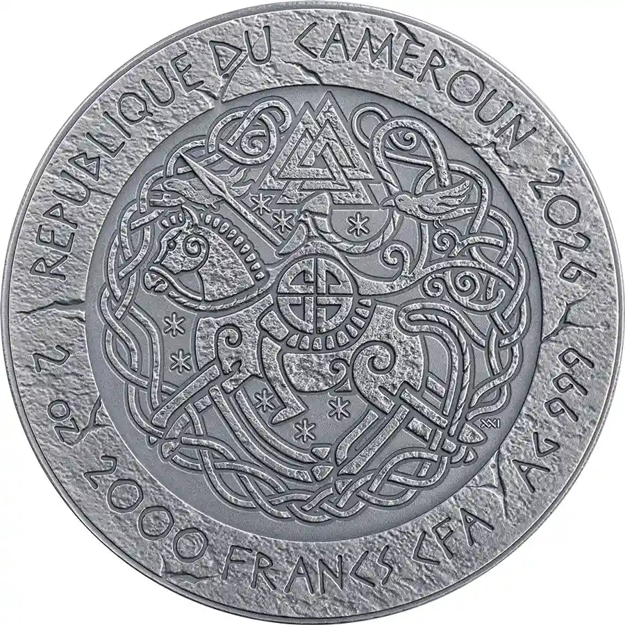 eric-obv 2026 Cameroon 2 oz Eric Bloodaxe High Relief Antiqued Silver Coin